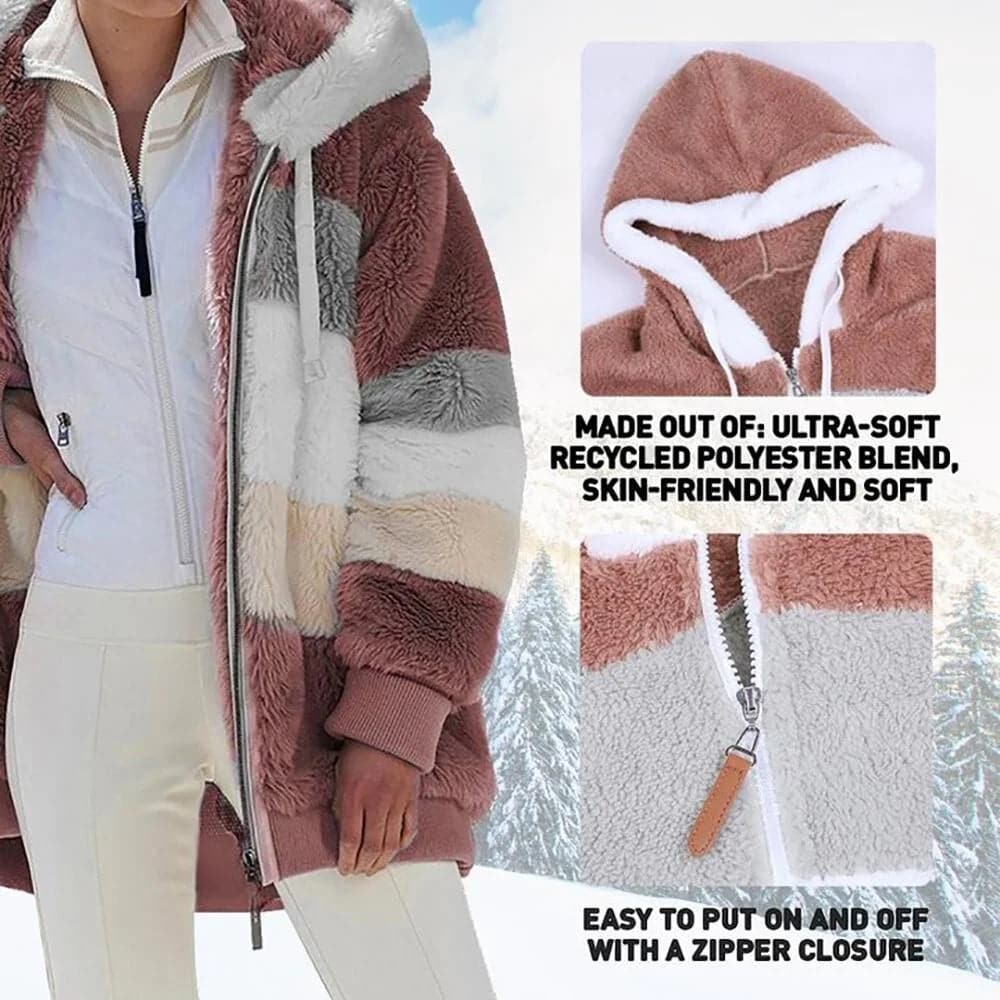 2025 Veste d'hiver en peluche avec capuche colorblock et poches pour femmes